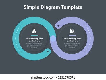 Modern business process diagram with 2 steps - dark version. Flat infographic design with minimalistic icons.