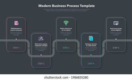 Modern business process template with 5 steps - dark version. Easy to use for your website or presentation.