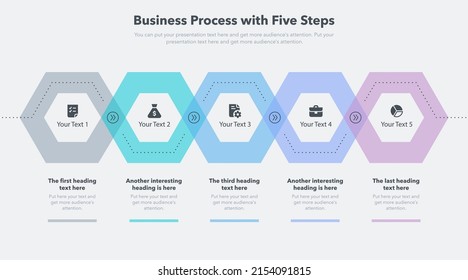 Modern business process template with five colorful steps. Easy to use for your website or presentation.