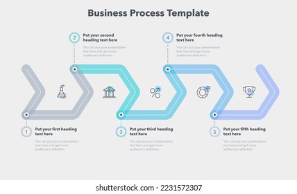 Plantilla moderna de procesos empresariales con cinco pasos. Plantilla plana simple para visualización de datos.