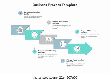 Plantilla moderna de procesos empresariales con cinco etapas. Diapositiva para presentación de negocios.