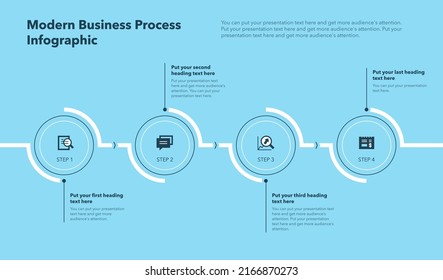 Modern business process template with four stages - blue version. Easy to use for your website or presentation.