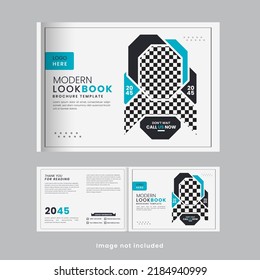 Modern business profile landscape brochure or magazine cover design with minimal blue and black shapes