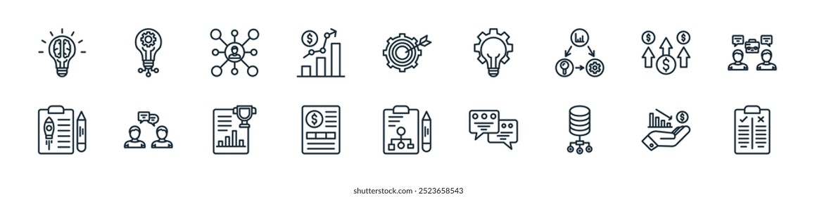 pacote de ícones de projeto de negócios moderno. perfeito para projetos de interface do usuário linear com prós e contras vetoriais, perda, dados, conversa, plano de projeto, fatura, prêmio e mais ícones para aplicativos móveis e web.