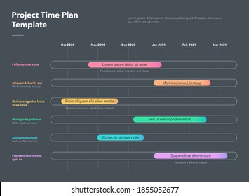 Modern Business Project Time Plan Template With Colorful Project Tasks In Time Intervals - Dark Version. Easy To Use For Your Website Or Presentation.