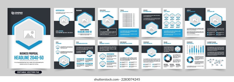 Moderno vector de plantilla de revista de propuesta de negocio con colores oscuros y azules. Cartera de la empresa y destaca el diseño de folletos con marcadores de posición de fotos. Vector de diseño de papel de perfil corporativo.