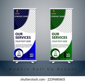 Modern Business Roll Up Banner Abstract Shapes Blue Green Colour Brochure design template