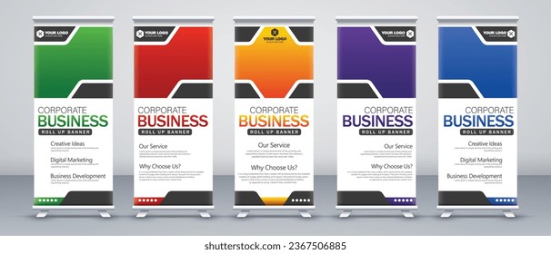 Modern business roll up banner design in print ready blue, red, green, yellow and purple colors