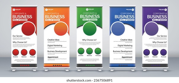 Modern business roll up banner design in print ready blue, red, green, yellow and purple colors