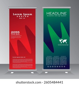 Modern business Roll Up banner template, Standee Design template, vertical banner template with green and red color. Presentation and Brochure Flyer. Vector eps 10
