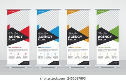 Moderno negocio roll up tire hacia arriba x Plantilla de diseño de Anuncio, diseño de señalización de pantalla geométrica para publicidad de marketing con fines de crecimiento, conjunto de Paquetes de 4 variantes de color, Vector mínimo editable