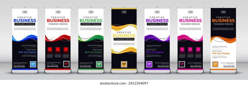 Modern business roll up standee banner design for Streets, events, presentations, meetings, annual events, exhibitions in red, green, blue, yellow, orange, purple and orange