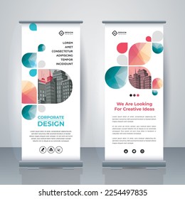 Modern Business Roll Up. Standee Design. Banner Template. Presentation and Brochure. Geometric x-banner and flag-banner advertising. Vector illustration.
