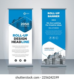 Modern Business Roll Up. Standee Design. Banner Template. Presentation and Brochure. Geometric x-banner and flag-banner advertising. Vector illustration.