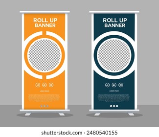 Modern Business Roll-Up Banner Template. Eye-catching layout with abstract shapes.