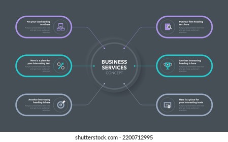 Concepto moderno de servicios empresariales - versión oscura. Concepto de seis etapas con íconos minimalistas.