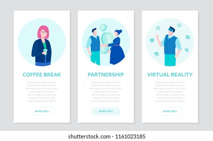 Modern business - set of flat design style banners on grey background with place for text. Businesspeople with a cup, shaking hands, in VR goggles. Coffee break, partnership, virtual reality concepts