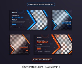 Modern business social media post 4 in 1 pack design with blue and orange color abstract shapes.