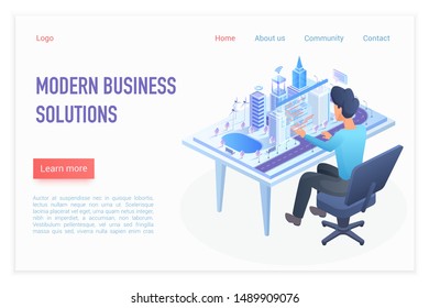 Modern business solutions landing page isometric vector template. Architect working at desk, smart city model on desktop. Business strategy. Urban construction website homepage 3D concept