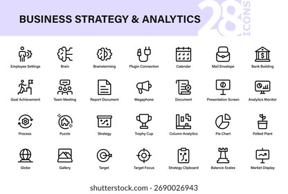 Conjunto de Ícones Analíticos e Estratégia Comercial Moderna. Ícones simples de vetor para marketing, finanças, trabalho em equipe, relatórios de dados e gerenciamento de projetos