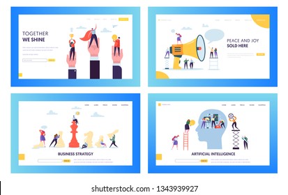 Modern Business Strategy Concept Landing Page Set. Artificial Intelligence and Data Science Technology. People Character with Winner Cup Website or Web Page. Flat Cartoon Vector Illustration