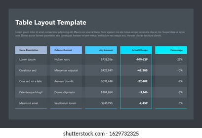 Modern business table layout template - dark version. Flat design, easy to use for your website or presentation.