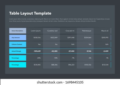 Modern Business Table Layout Template - Dark Version. Flat Design, Easy To Use For Your Website Or Presentation.