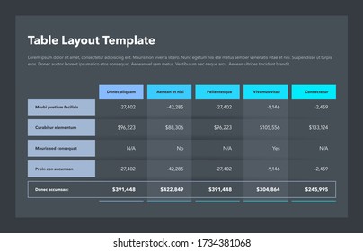 Modern business table layout template with the total sum row and place for your content - dark version. Flat design, easy to use for your website or presentation.