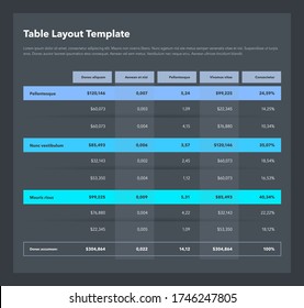 Modern business table layout template with the total sum row and place for your content - dark version. Flat design, easy to use for your website or presentation.