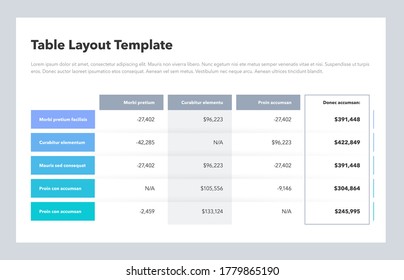 Modern Business Table Layout Template With The Total Sum Column And Place For Your Content. Flat Design, Easy To Use For Your Website Or Presentation.