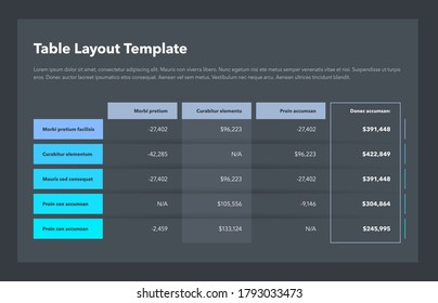 Modern business table layout template with the total sum column and place for your content - dark version. Flat design, easy to use for your website or presentation.