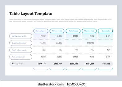 Modern business table layout template with the total sum row and place for your content. Flat design, easy to use for your website or presentation.