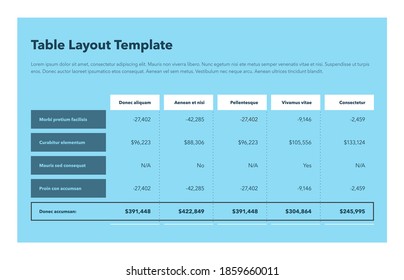 Modern business table layout template with the total sum row and place for your content - blue version. Flat design, easy to use for your website or presentation.