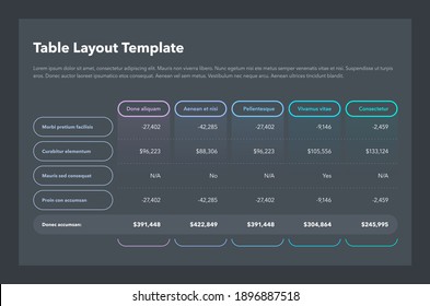 Modern business table layout template with the total sum row and place for your content - dark version. Flat design, easy to use for your website or presentation.