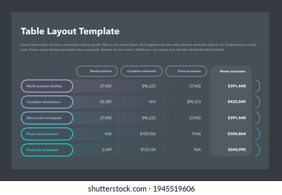 Modern business table layout template with the total sum column and place for your content - dark version. Flat design, easy to use for your website or presentation.