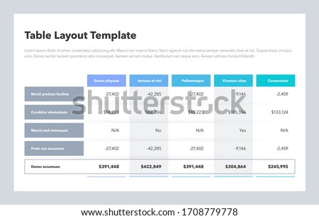 Modern business table layout template with the total sum row and place for your content. Flat design, easy to use for your website or presentation.