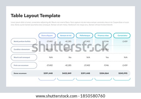 Modern business table layout template with the total sum row and place for your content. Flat design, easy to use for your website or presentation.