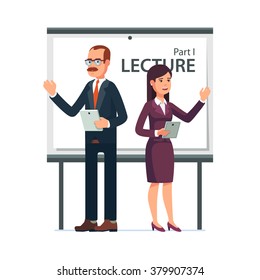 Modern business teachers giving a lecture or presentation. Standing in front of whiteboard with tablet computers in hands. Modern flat style vector illustration isolated on white background.