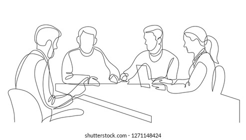 modern business team brainstorming during meeting - one line drawing