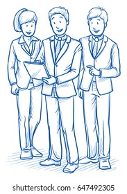 Modern business team looking happy and successful, discussing solutions and ideas with a tablet screen. Hand drawn line art cartoon vector illustration.