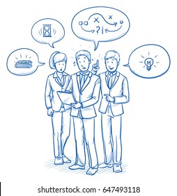 Modern business team looking stressed and troubled, discussing problems and ideas with a tablet screen. Hand drawn line art cartoon vector illustration.