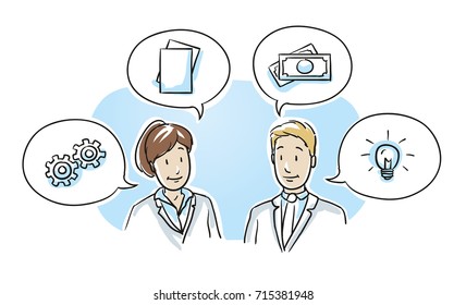 Modernes Geschäftsteam, Mann und Frau glücklich aussehen, diskutieren Lösungen und Ideen mit Symbolen in Sprachblasen. Handgezeichnete Cartoon-Skizze, Vektorgrafik, Farbe auf dem Whiteboard-Marker.