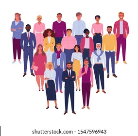 Modern Business Team. Vector Illustration Of Diverse Business People And Company Members, Standing Behind Each Other. Isolated On White.