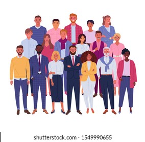 Modern business team. Vector illustration of diverse business people and company members, standing behind each other. Isolated on white.