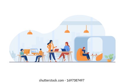 Modern business team working in open office space. Young people using laptop computers in creative co-working interior. Vector illustration for teamwork, community, work on project concept