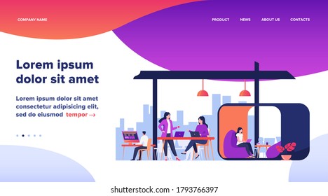 Modern business team working in open office space. Young people using laptop computers in creative co-working interior. Vector illustration for teamwork, community, work on project concept