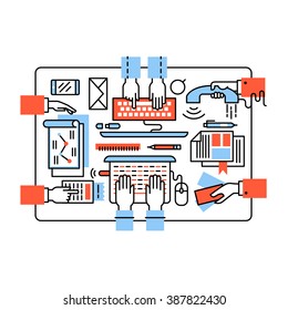 Modern business team working together. Design, coding, sales, accounting and marketing sitting at the same desk. Thin line art flat illustration with icons.