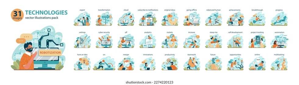 Modern business technologies big set. Innovation and progress for business success and growth. Company innovations for career progress. Flat vector illustration