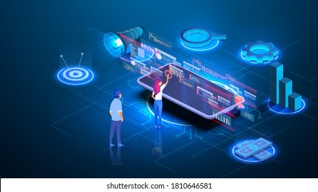 Modern business technologies. Remote connecting, isometric man work with multimedia service. Investments and virtual Finance. Communication and modern marketing.  Vector illustration