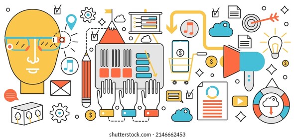 Modern business technology. Future digital innovation in communication, data project in virtual reality, team analysis and brainstorm research in infographic concept banner, thin line art design